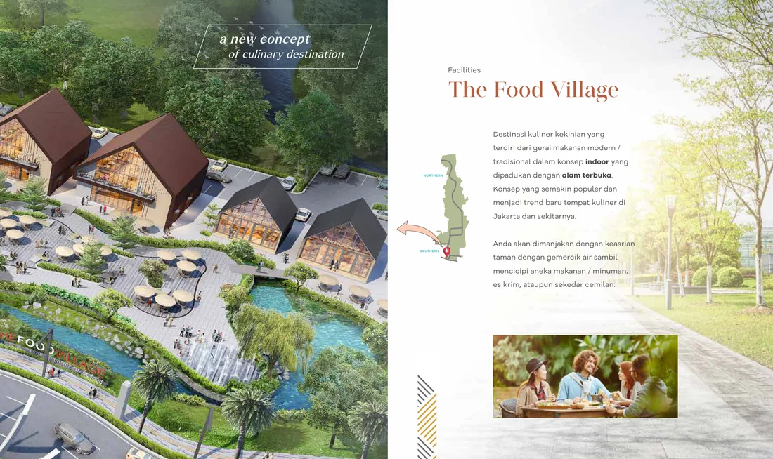 Aerial Render The Food Village — Konsep Kuliner Outdoor, Pohon Tropis