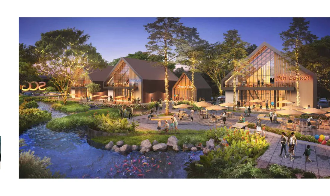 The Food Village Integrated — Barn-style, Evening Render, Tepi Sungai