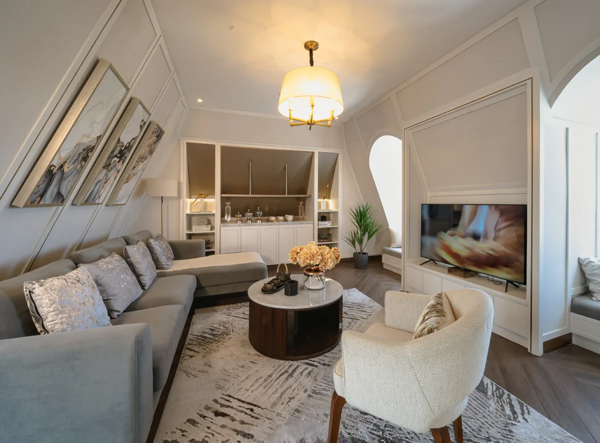 Attic Lounge Interior — Sloped Ceiling, Sofa, Mini Bar (Ideas & Inspiration)