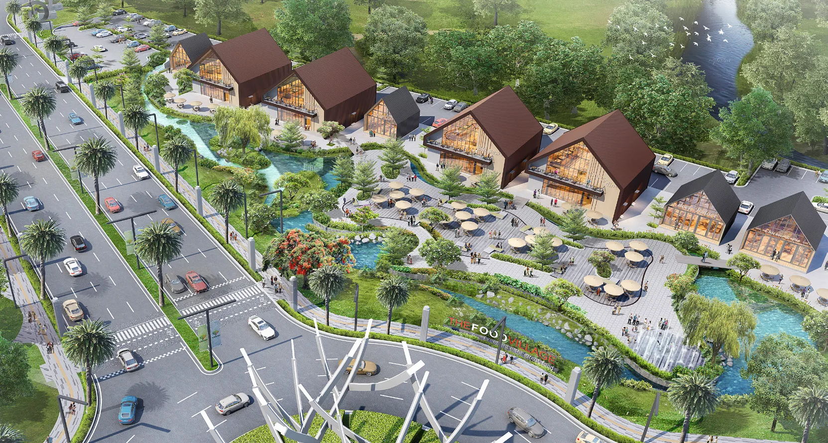 The Food Village — Aerial Render, Barn-style Restaurants