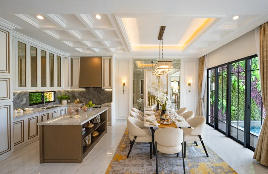 Dapur + Ruang Makan — Island Kitchen, Coffered Ceiling (Ideas & Inspiration)