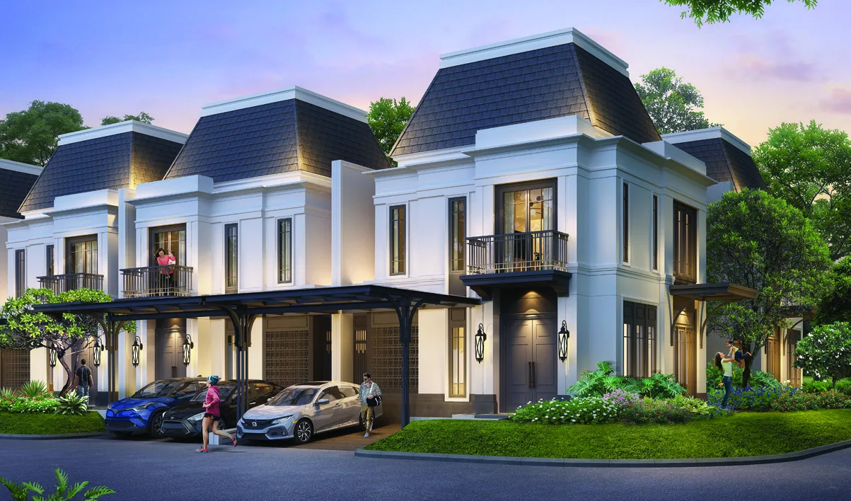Jasmia 9 — Render Fasad Dusk, 2 Unit Berdampingan