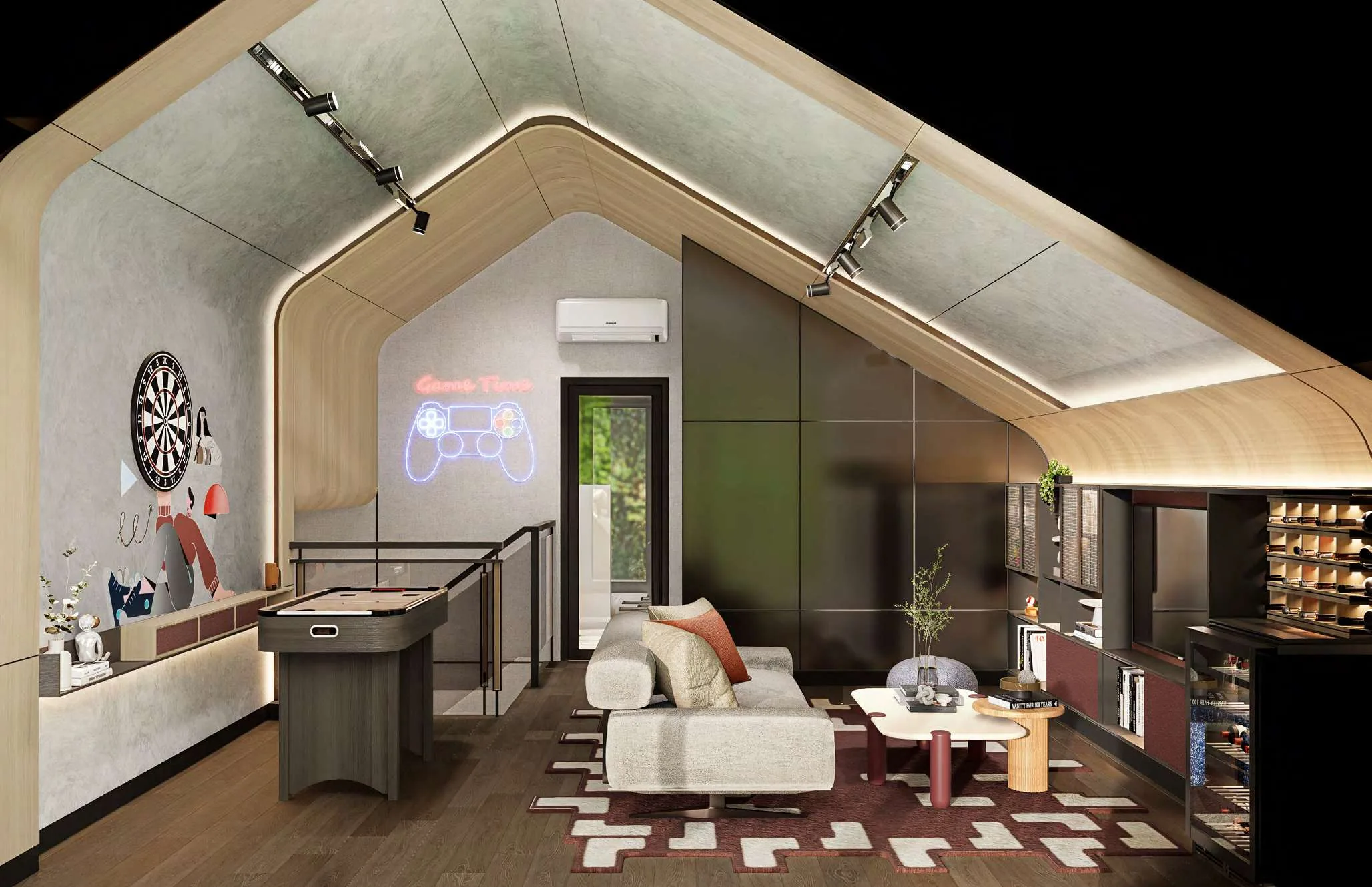 Attic Game Room — Neon Controller, Air Hockey, Sloped Ceiling (Ideas & Inspiration)