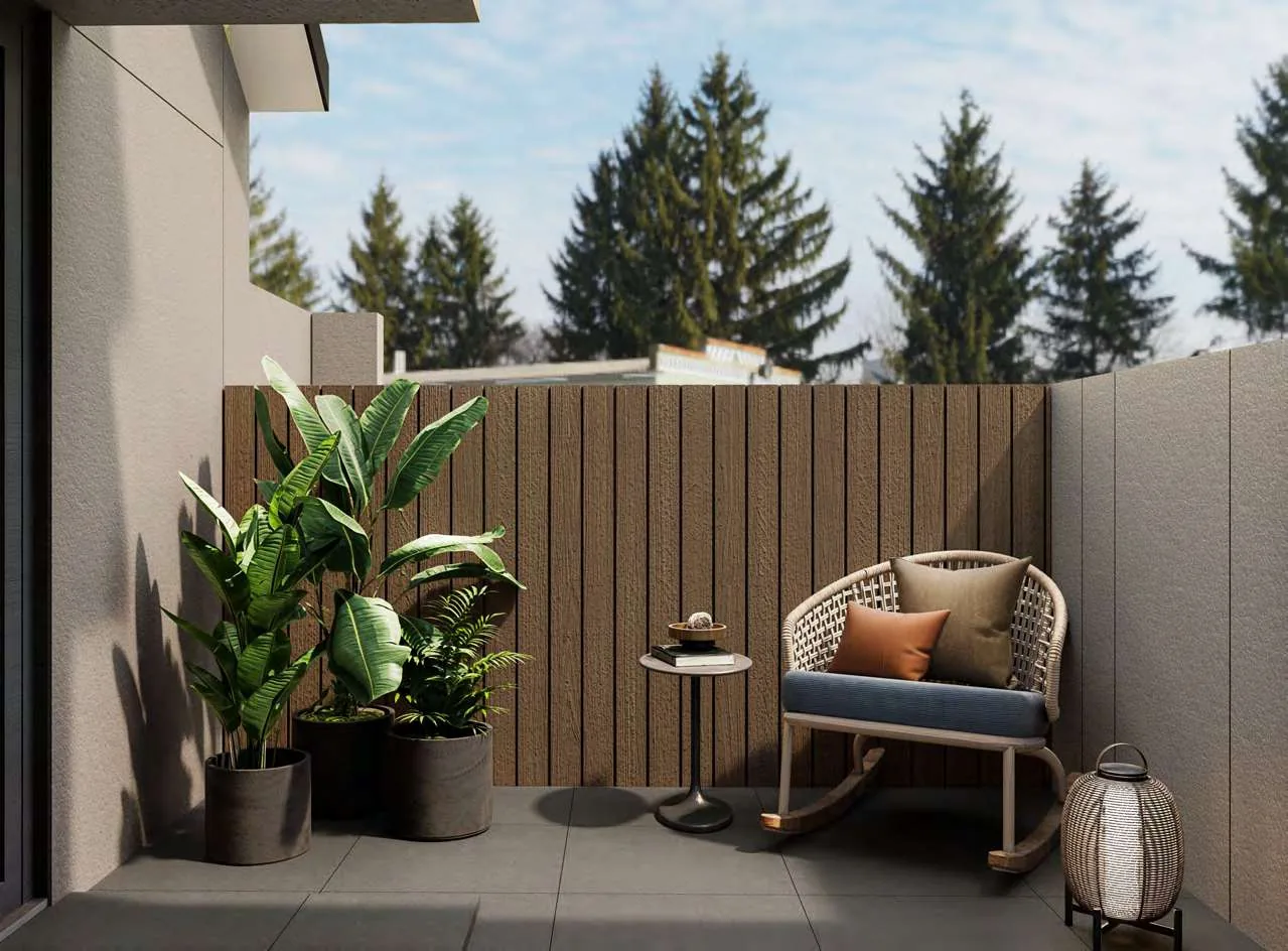 Private Balcony — Rattan Chair, Tropical Plants, Wood Slat Wall