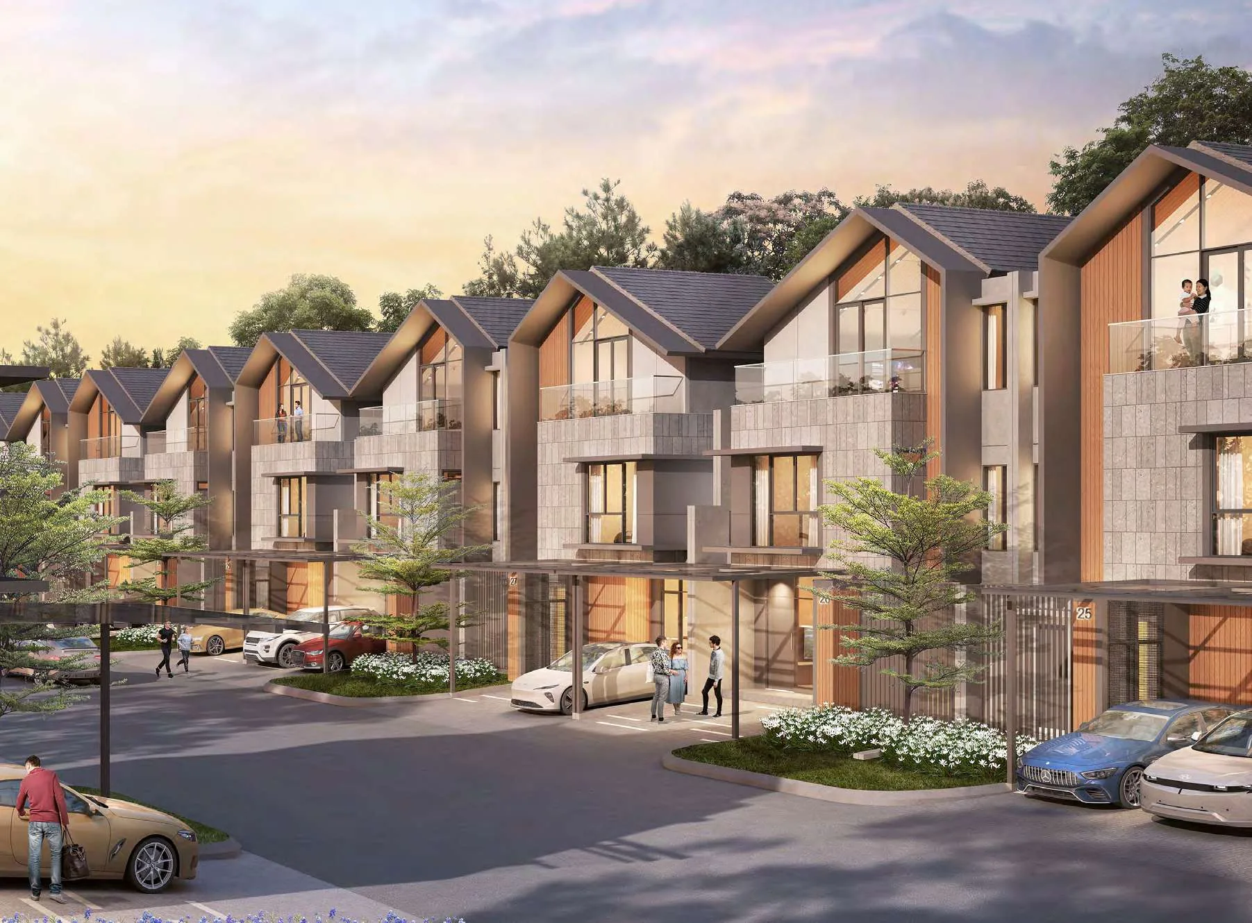 Vanica Row Houses — Streetscape Dusk, Modern Tropis Atap Asimetris