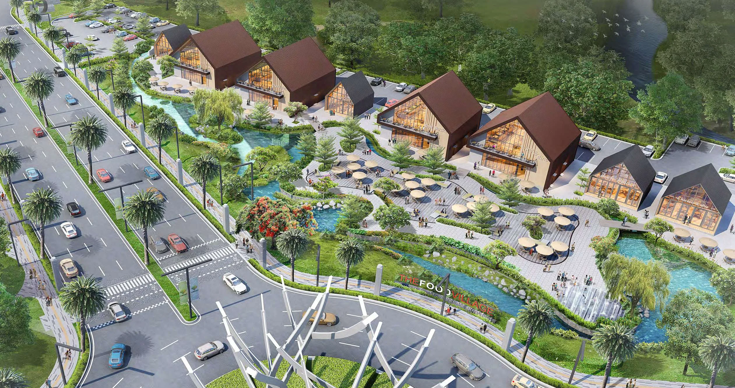 The Food Village — Aerial Render, Barn-style Restaurants