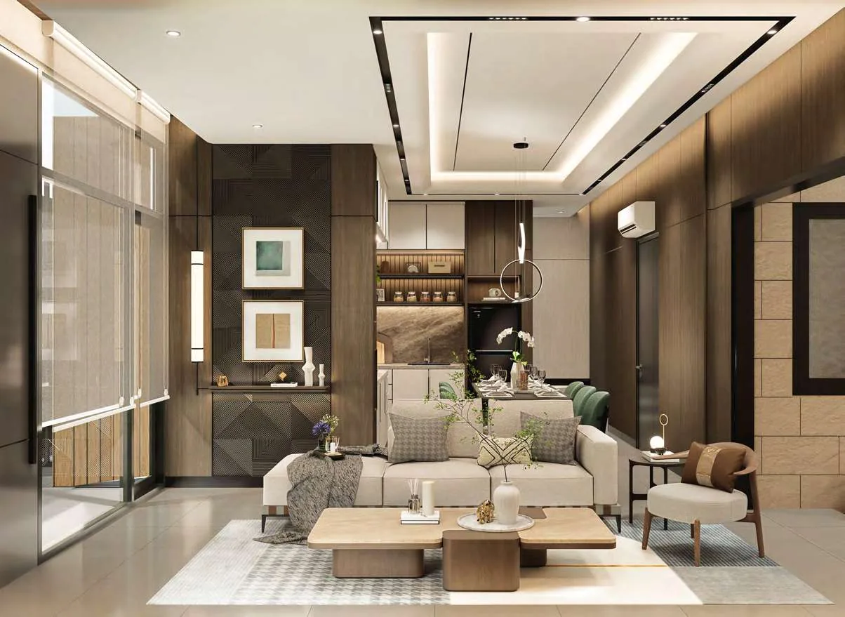 Ruang Keluarga — Neutral Tone, Built-in TV Wall (Ideas & Inspiration)