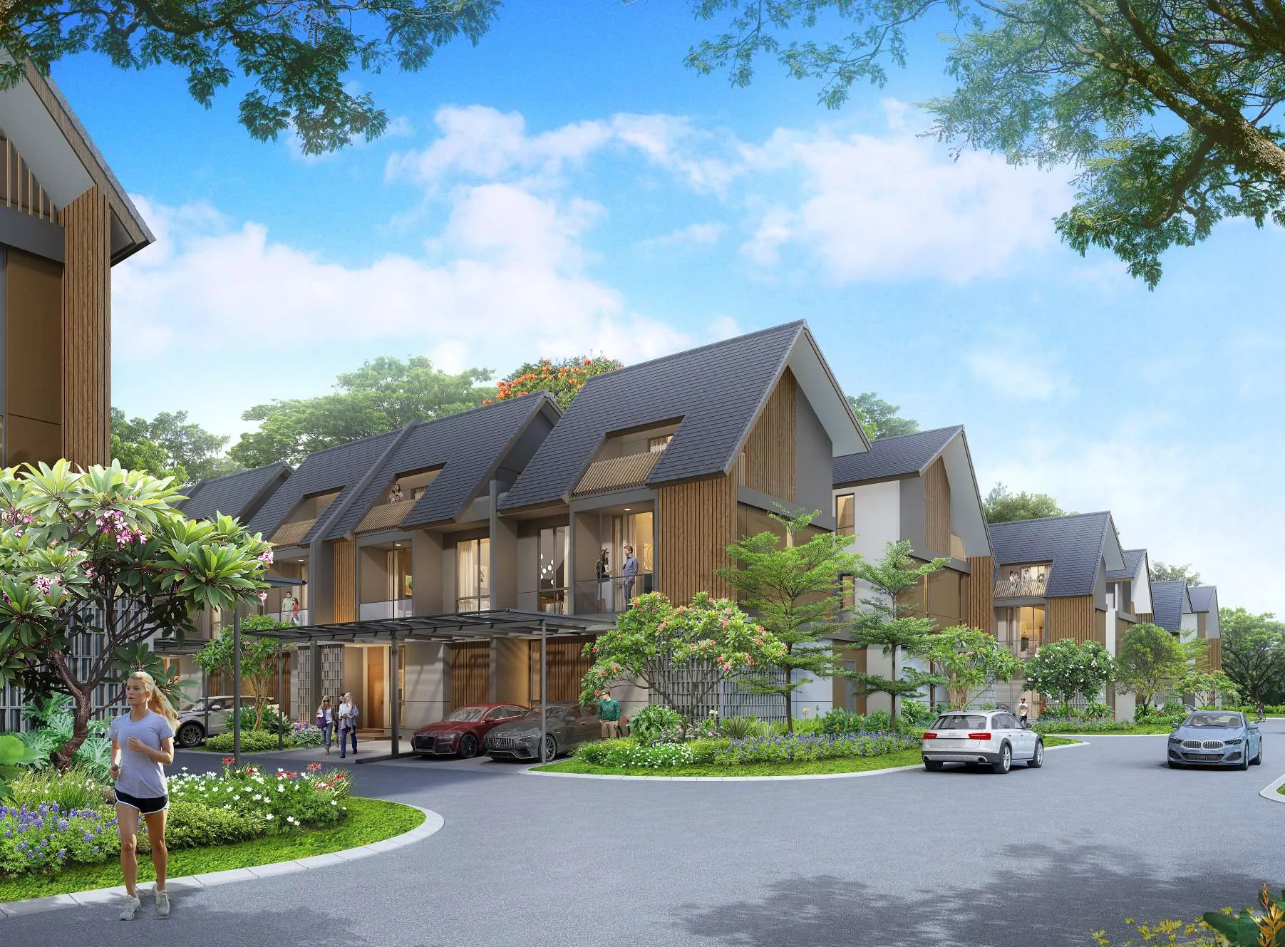 Viola Row Houses — Tampak Depan, Pohon Rindang & Jogger