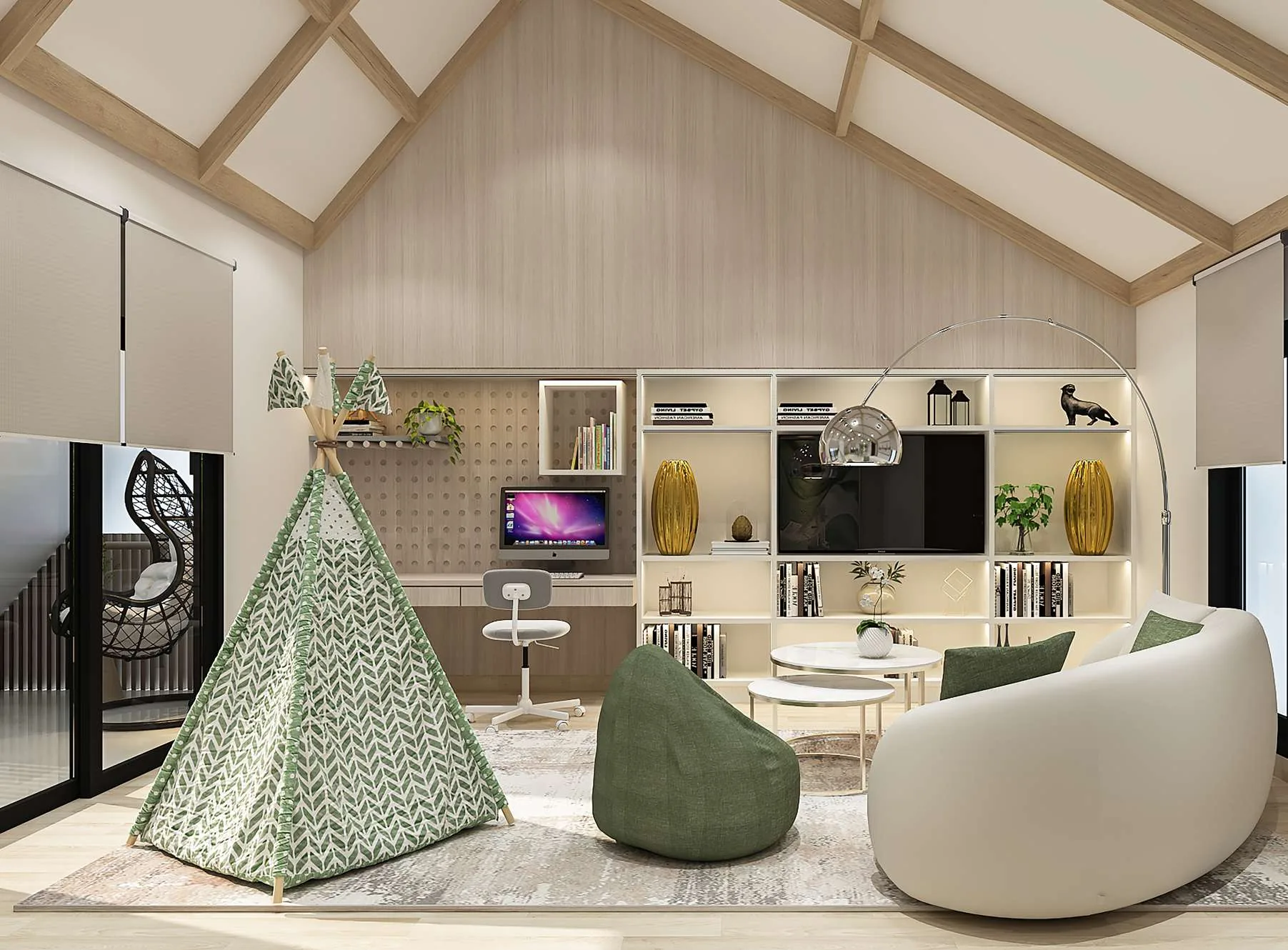 Attic Lounge — Sloped Wood Ceiling, Kids Play Area (Ideas & Inspiration)