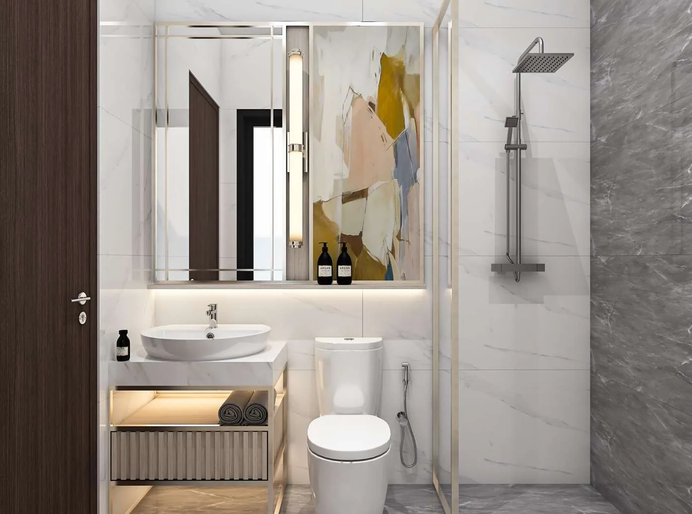 Kamar Mandi — Marble Tile, Rain Shower, Abstract Art (Ideas & Inspiration)