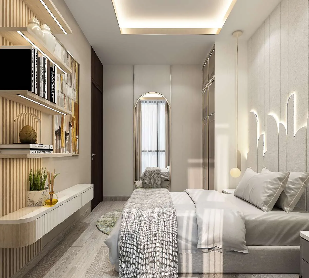 Kamar Tidur 2 — Built-in Shelves, Arched Mirror (Ideas & Inspiration)