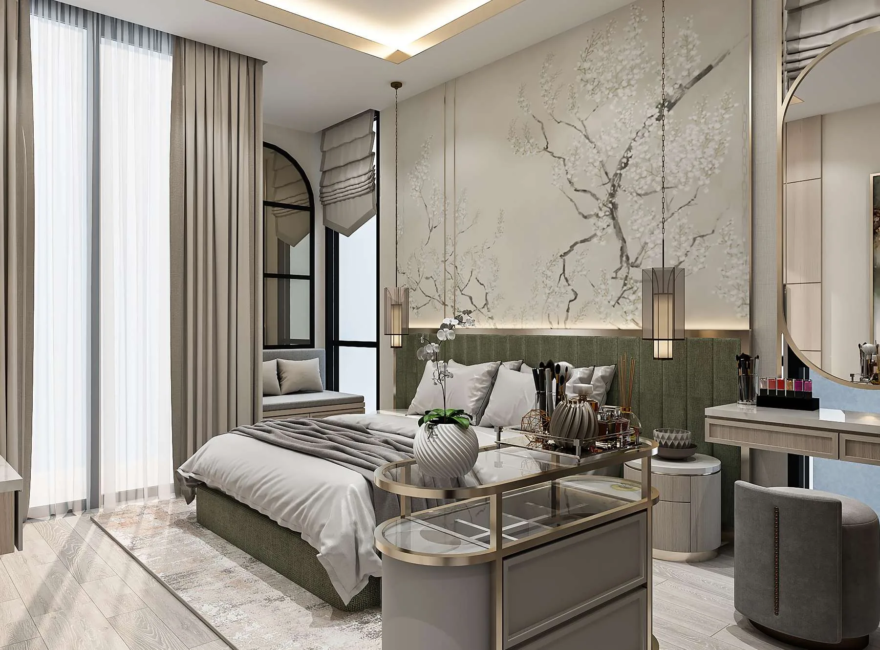Master Bedroom Premium — Chinoiserie Mural, Green Headboard (Ideas & Inspiration)