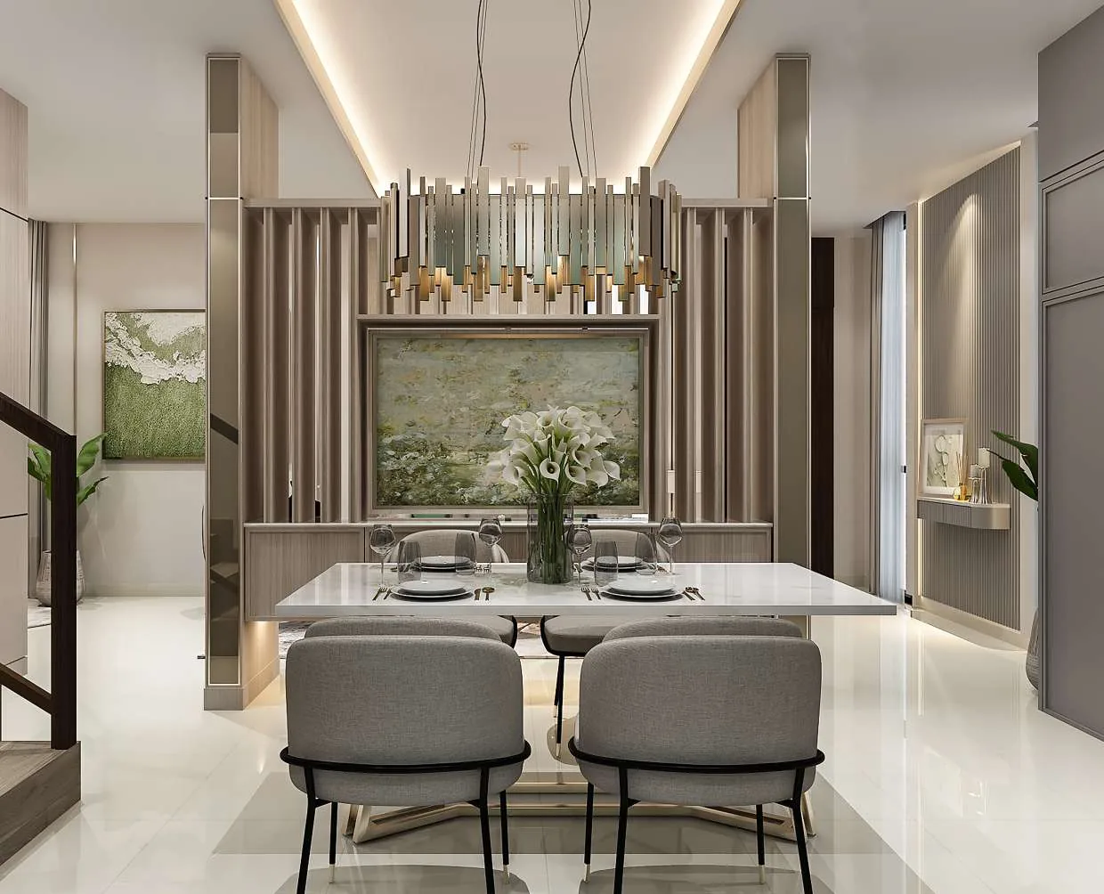 Ruang Makan — Marble Table, Statement Chandelier (Ideas & Inspiration)