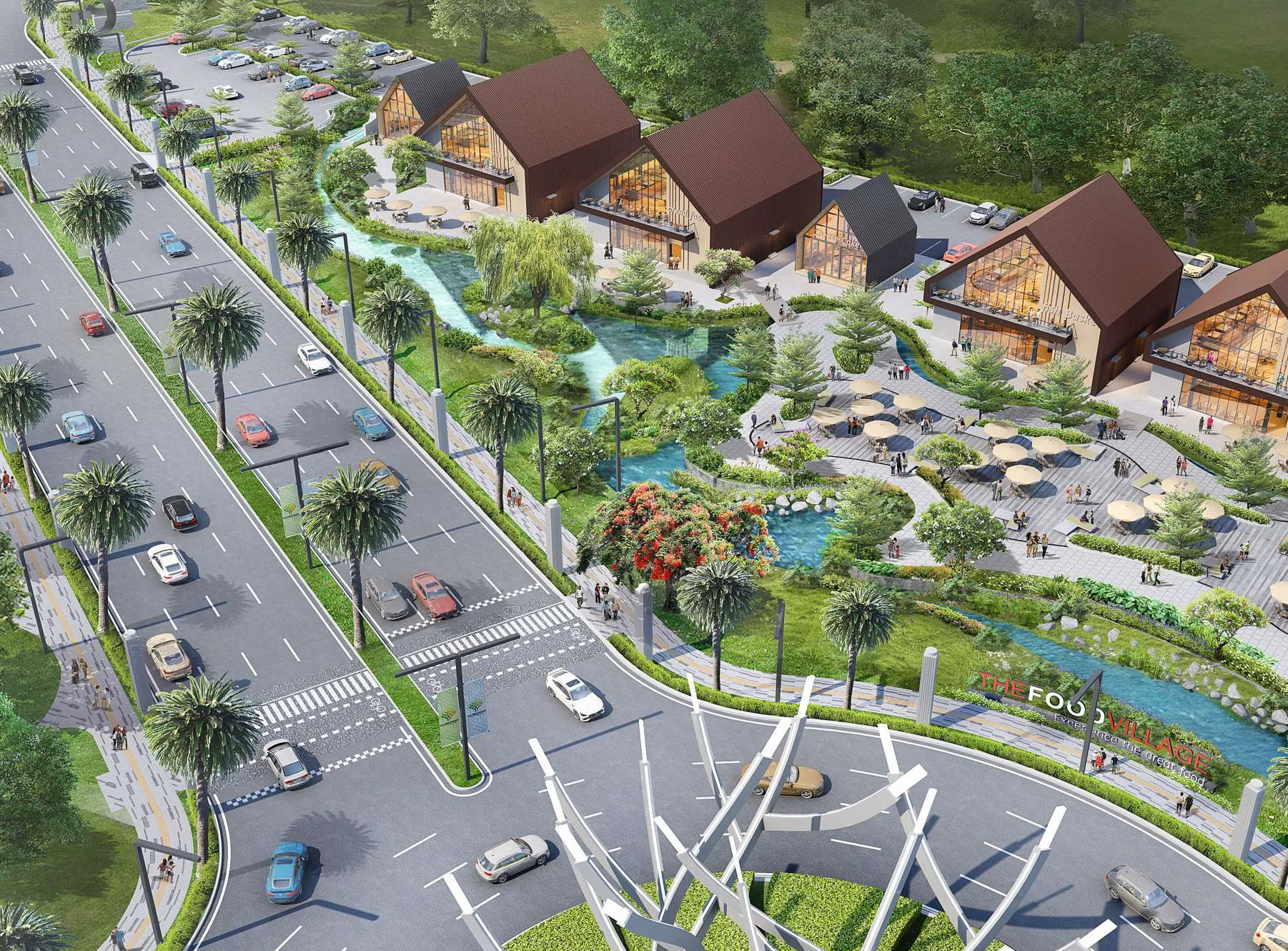 The Food Village Crown Gading — Aerial Render, Barn-style Restaurants