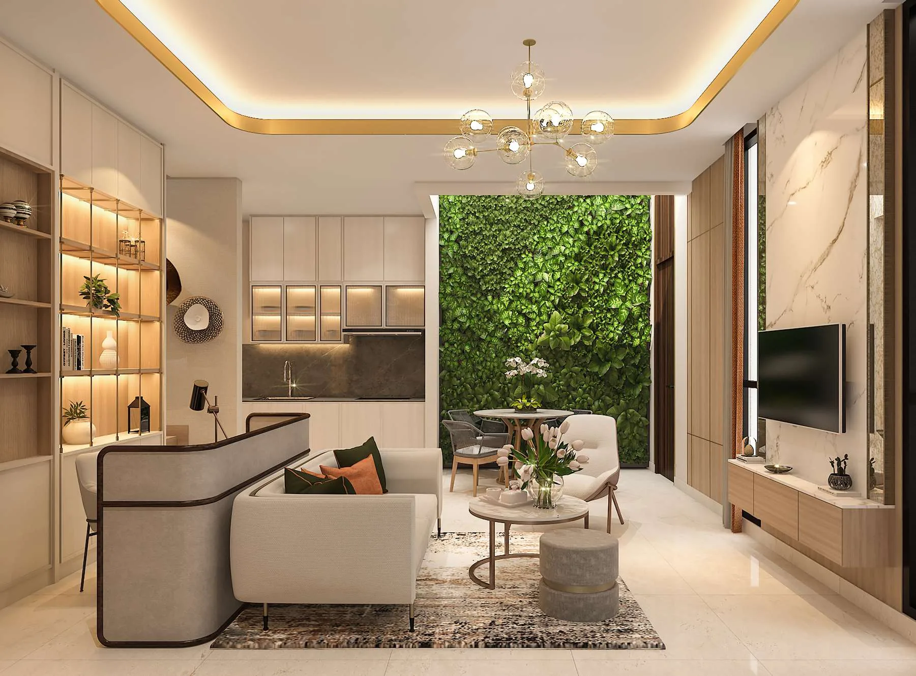 Living Room Viola — Open Plan, Green Wall, Gold Chandelier (Ideas & Inspiration)