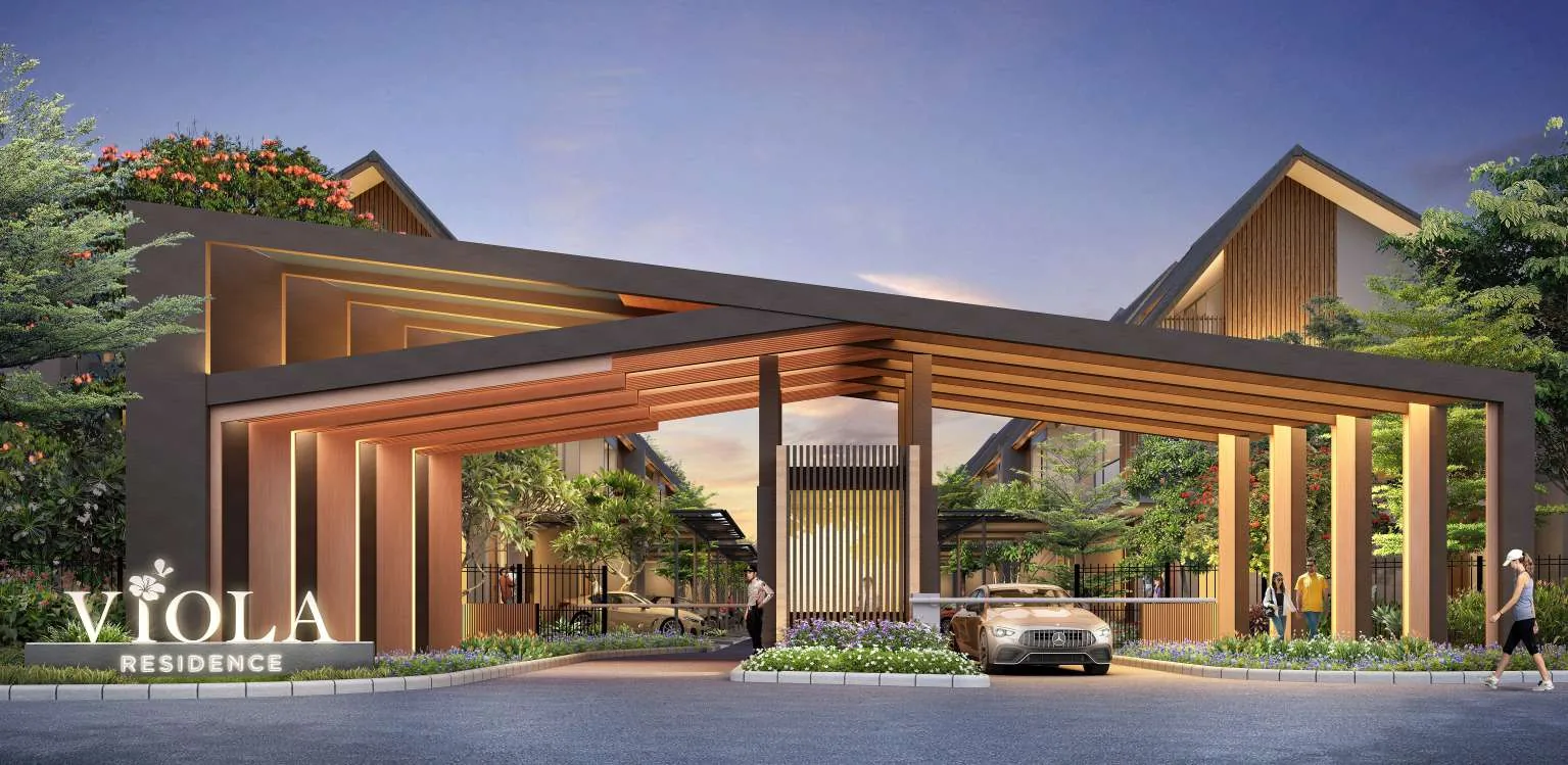 Gerbang Utama Viola Residence — Modern Elegan, Dusk Lighting